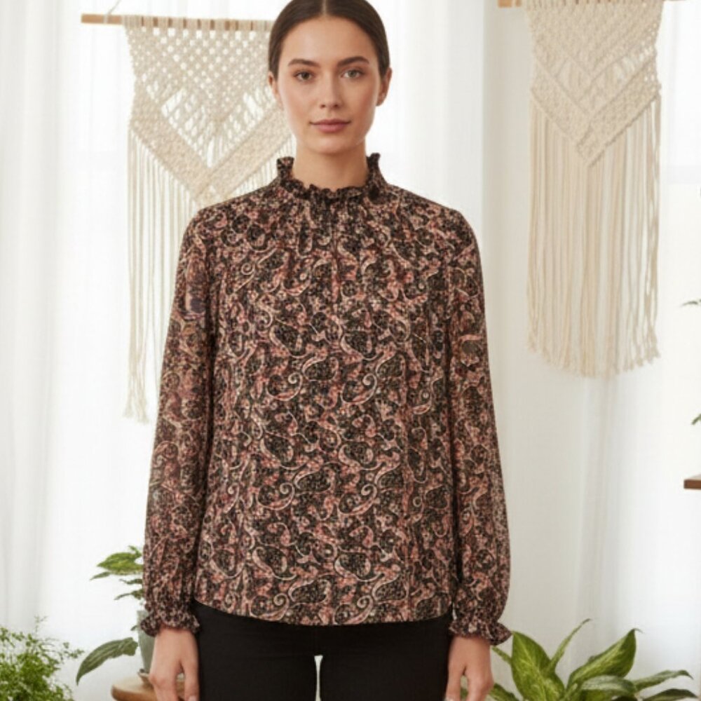 Melloday L Top Black Paisley Ruffle Flowy Fairy Boho Chic Whimsigoth Cottage Mod